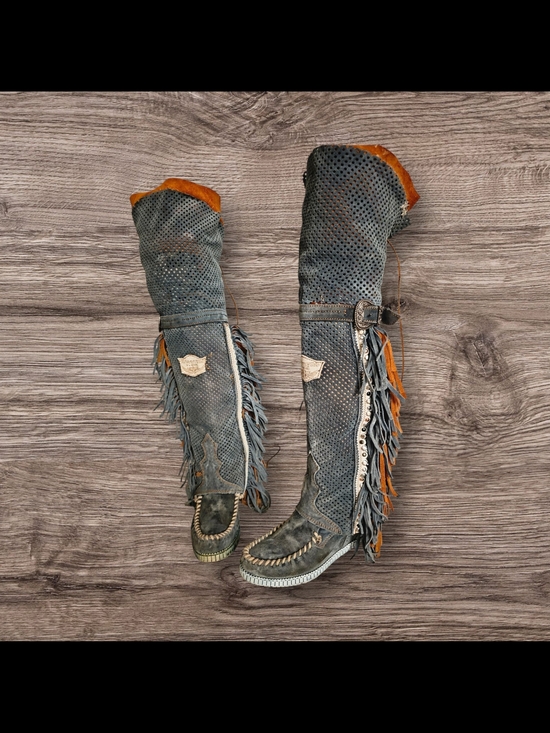 El Vaquero Shoes - Fringed Over-the-Knee Combat Boots in Distressed Teal and Tan Custom Suede Fring